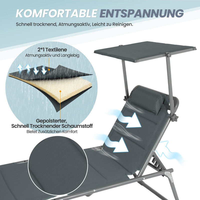 HOMECALL Sonnenliege XXL klappbar – 5-fach verstellbar mit Sonnenschutz anthrazit, gepolstert bis 180 kg | B-Ware Sonderposten