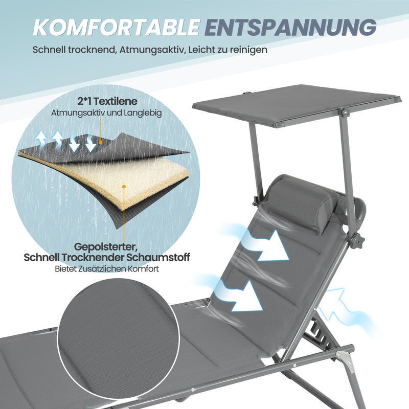HOMECALL Sonnenliege XXL klappbar – 5-fach verstellbar mit Sonnenschutz grau, gepolstert bis 180 kg belastbar | B-Ware Sonderposten