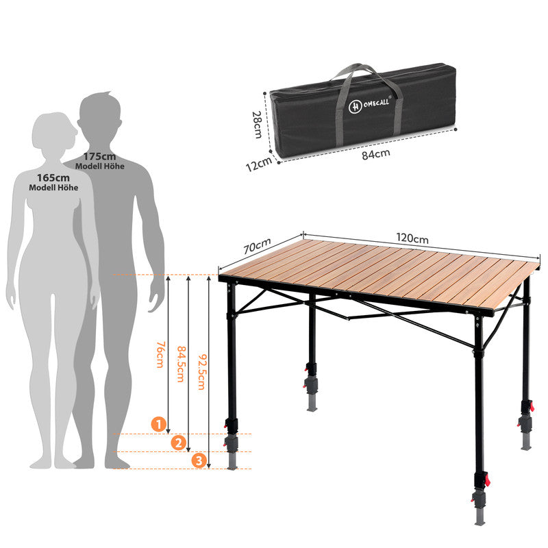 HOMECALL Campingtisch klappbar höhenverstellbar 120×70 cm – Aluminium Rolltisch bis 100 kg | B-Ware Sonderposten