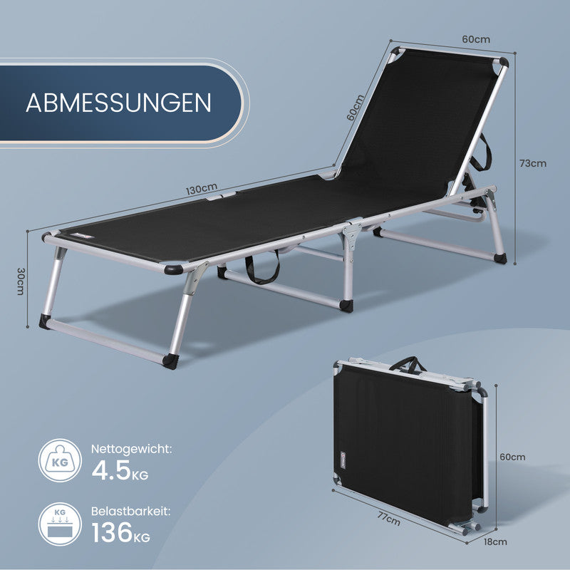 HOMECALL Sonnenliege klappbar Schwarz – leichte Aluminium Gartenliege mit 5-fach verstellbarer Rückenlehne schwarz | B-Ware Sonderposten