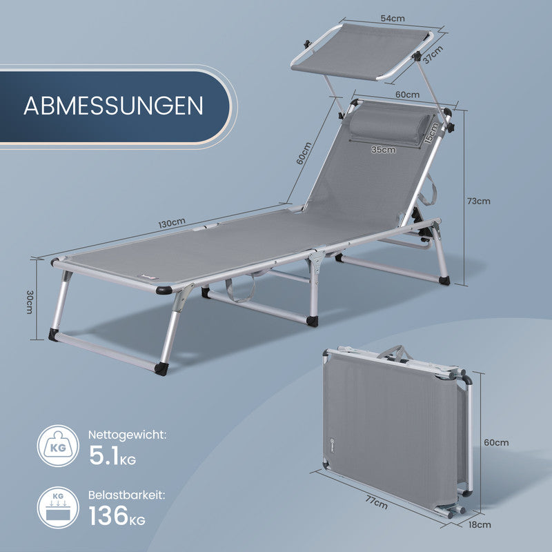 HOMECALL Sonnenliege klappbar Grau – leichte Aluminium Gartenliege mit Sonnenschutz & 5-fach verstellbar grau | B-Ware Sonderposten