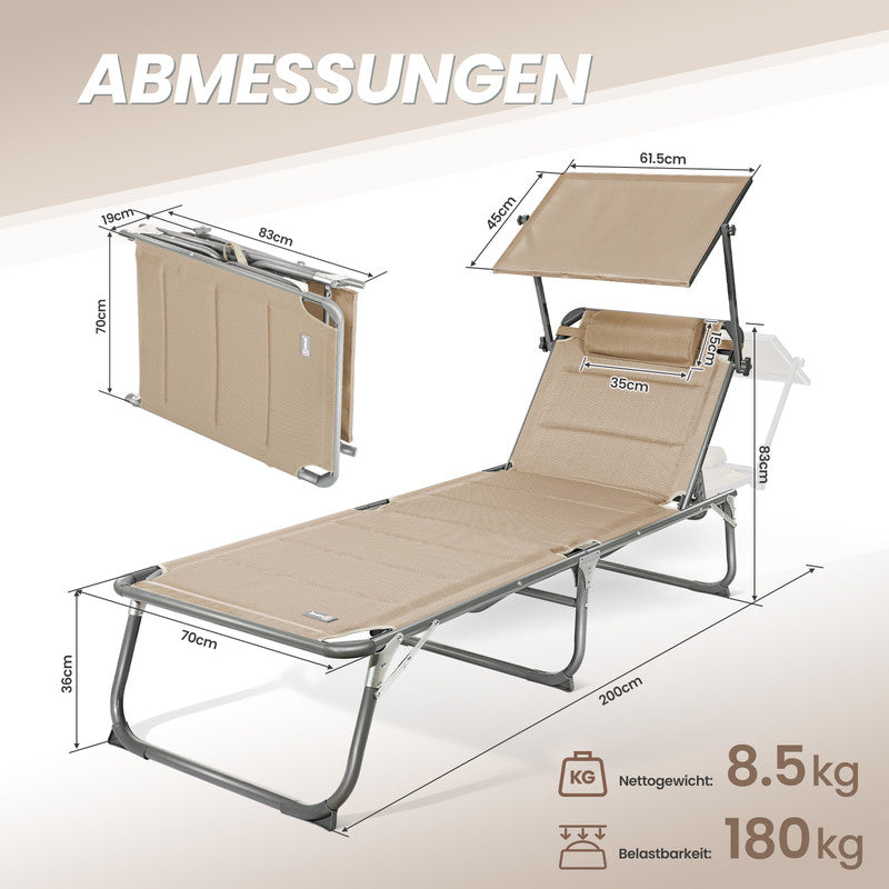 HOMECALL Sonnenliege XXL klappbar – 5-fach verstellbar mit Sonnenschutz beige, gepolstert bis 180 kg belastbar | B-Ware Sonderposten