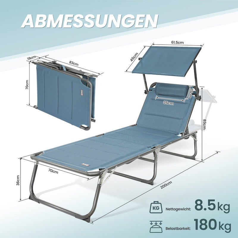 HOMECALL Sonnenliege XXL klappbar Anthrazit – 5-fach verstellbar mit Sonnenschutz, gepolstert bis 180 kg belastbar | B-Ware Sonderposten