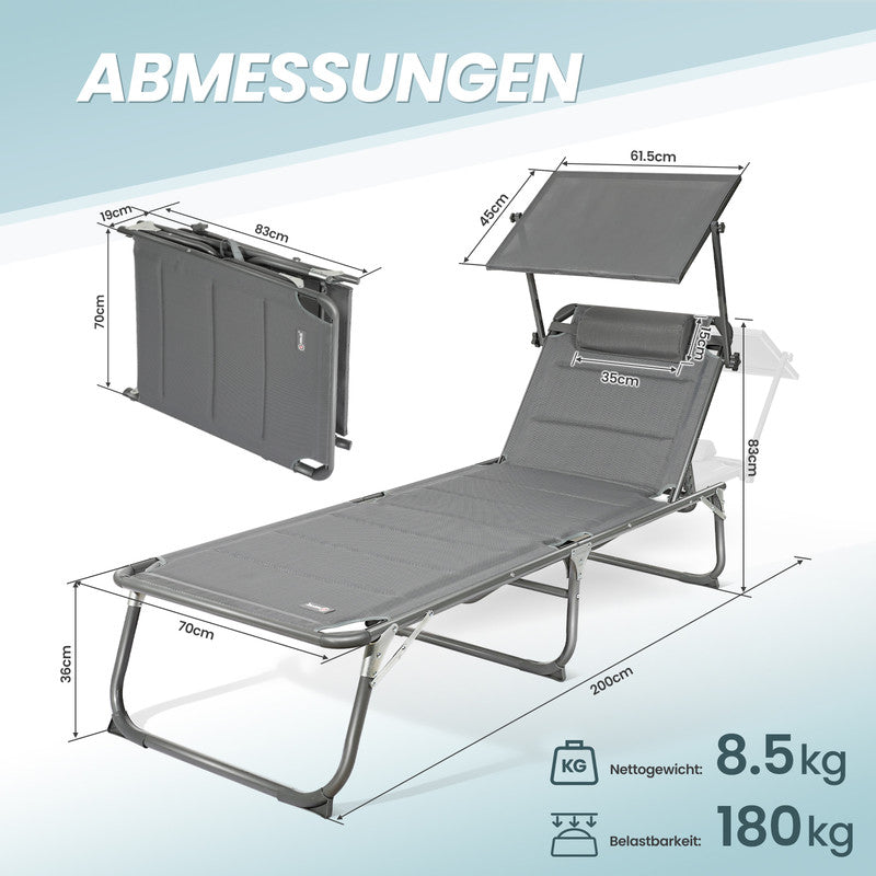 HOMECALL Sonnenliege XXL klappbar – 5-fach verstellbar mit Sonnenschutz grau, gepolstert bis 180 kg belastbar | B-Ware Sonderposten