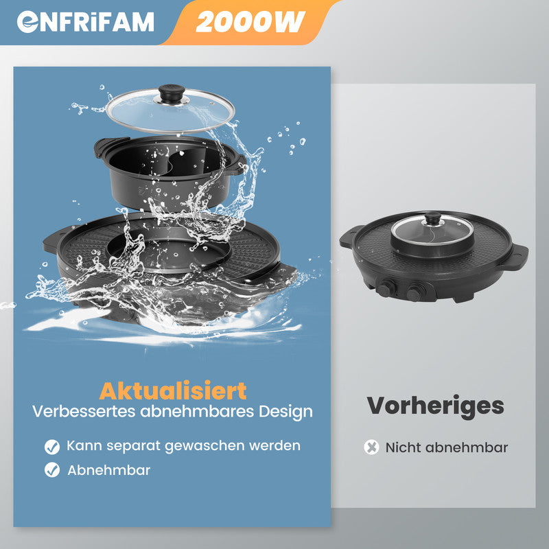 ENFRIFAM 2-in-1 Hot Pot & Teppanyaki Tischgrill 2000W – Elektrischer Grill mit Kochtopf - unbenutzte geprüfte B-Ware
