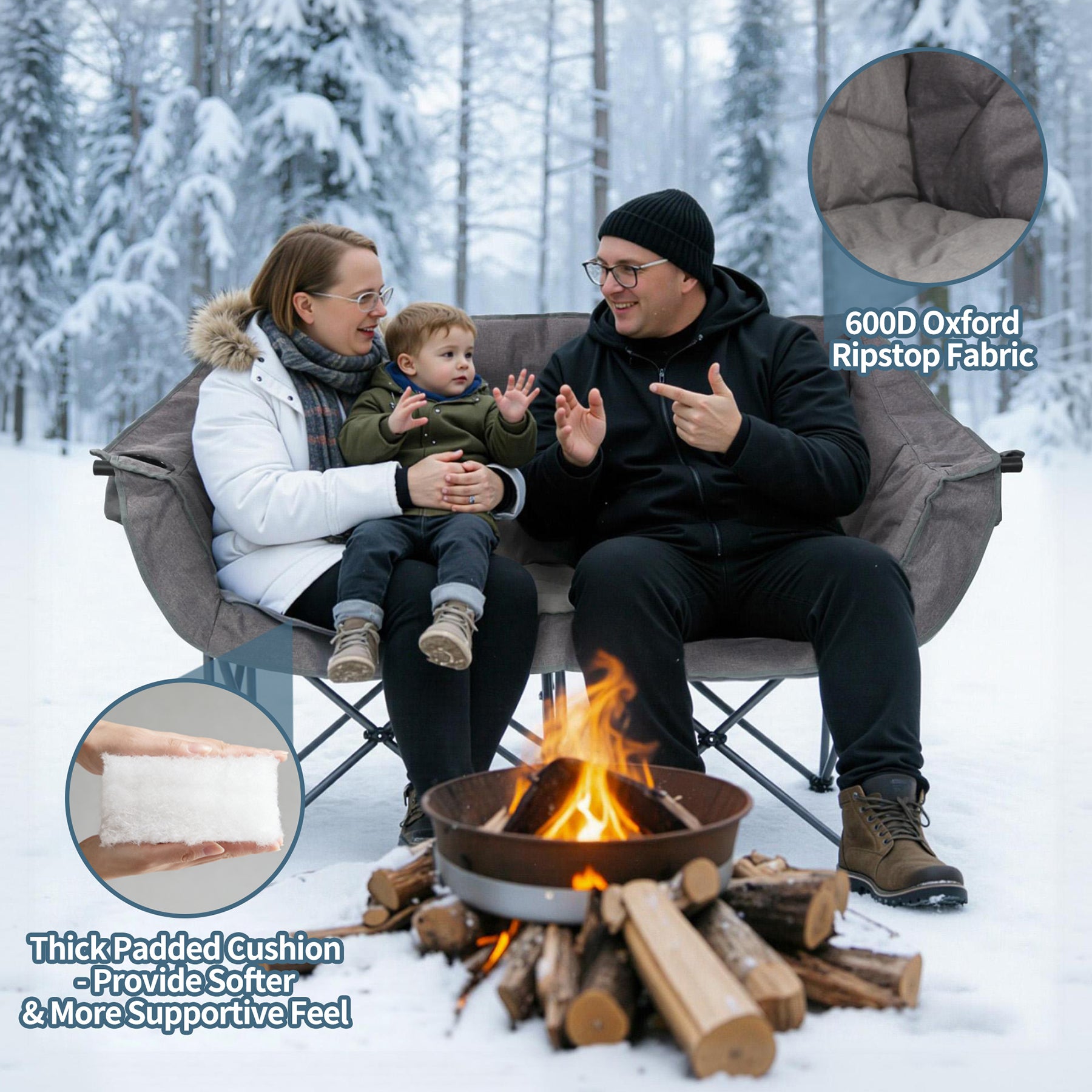 HOMECALL Campingstuhl 2 Personen faltbar – Doppel Campingsofa bis 360 kg, stabile Camping Couch mit Rückenlehne, Grau