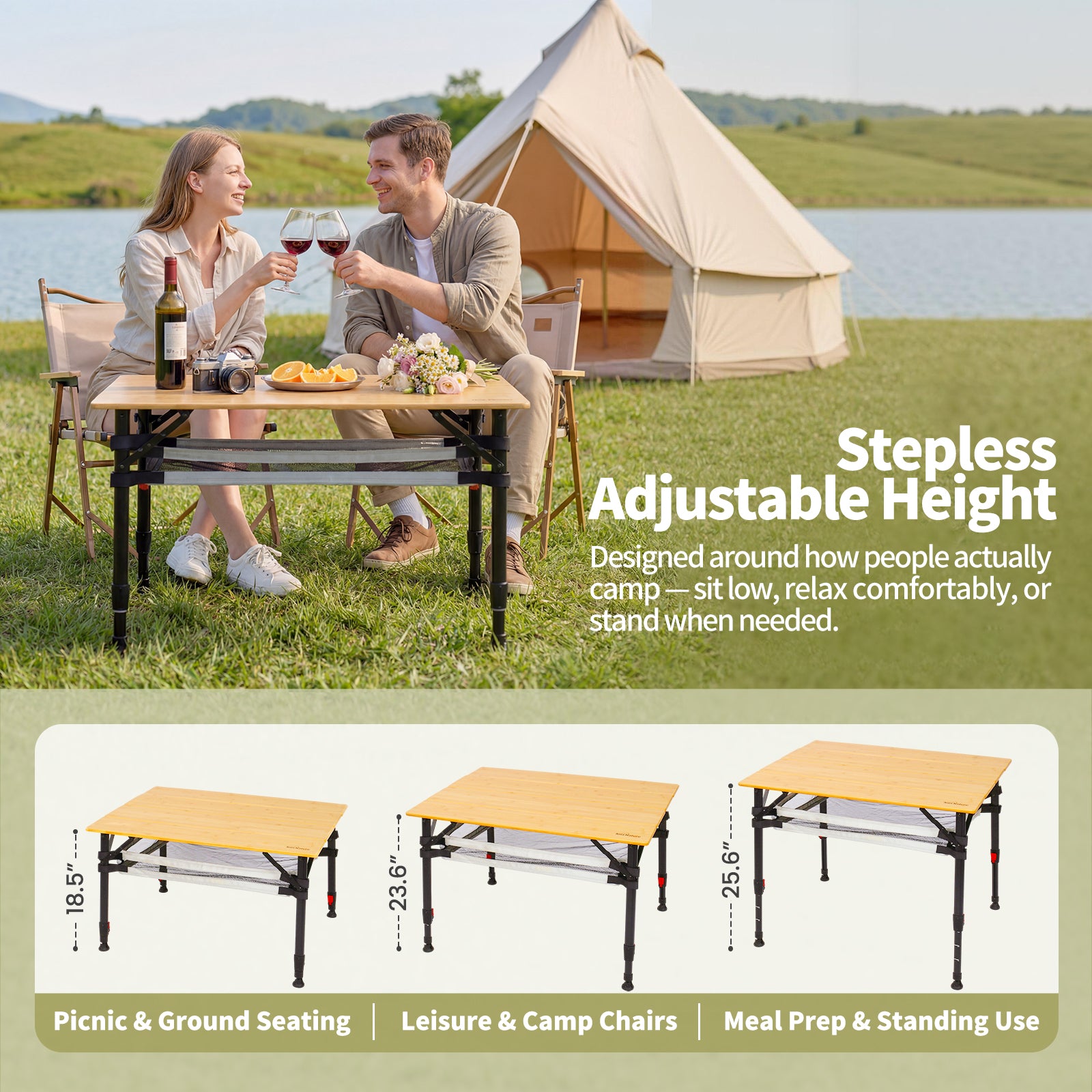 Campingtisch klappbar mit Bambus-Tischplatte – höhenverstellbarer Outdoor-Tisch mit verstellbaren Beinen und Aufbewahrungsnetz, 100 x 65 cm