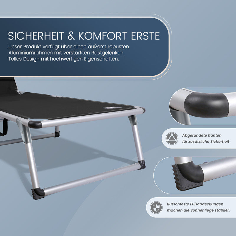 HOMECALL Sonnenliege klappbar Schwarz – leichte Aluminium Gartenliege mit 5-fach verstellbarer Rückenlehne schwarz | B-Ware Sonderposten