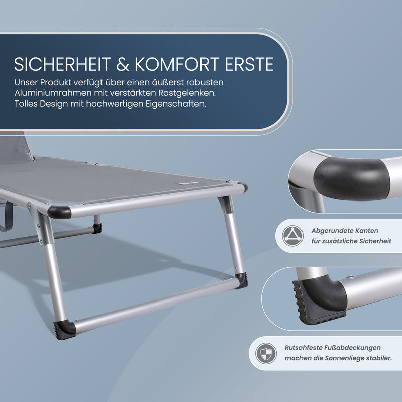 HOMECALL Sonnenliege klappbar Grau – leichte Aluminium Gartenliege mit Sonnenschutz & 5-fach verstellbar grau | B-Ware Sonderposten