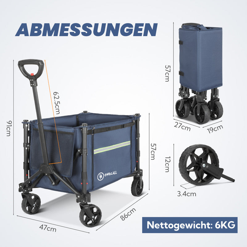 HOMECALL Bollerwagen klappbar 100 kg – faltbarer Handwagen mit erweiterbaren Seitenwänden & Reflektorstreifen | B-Ware Sonderposten
