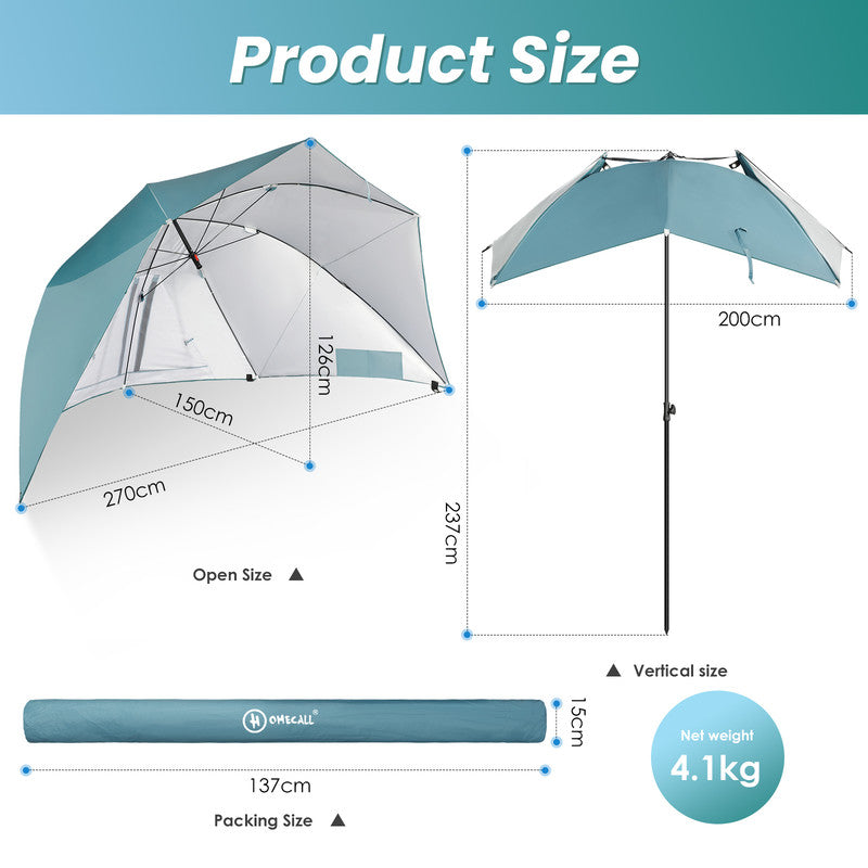 HOMECALL Strandmuschel mit Schirmsystem Blau – 3in1 Sonnenschirm & Windschutz klappbar | B-Ware Sonderposten