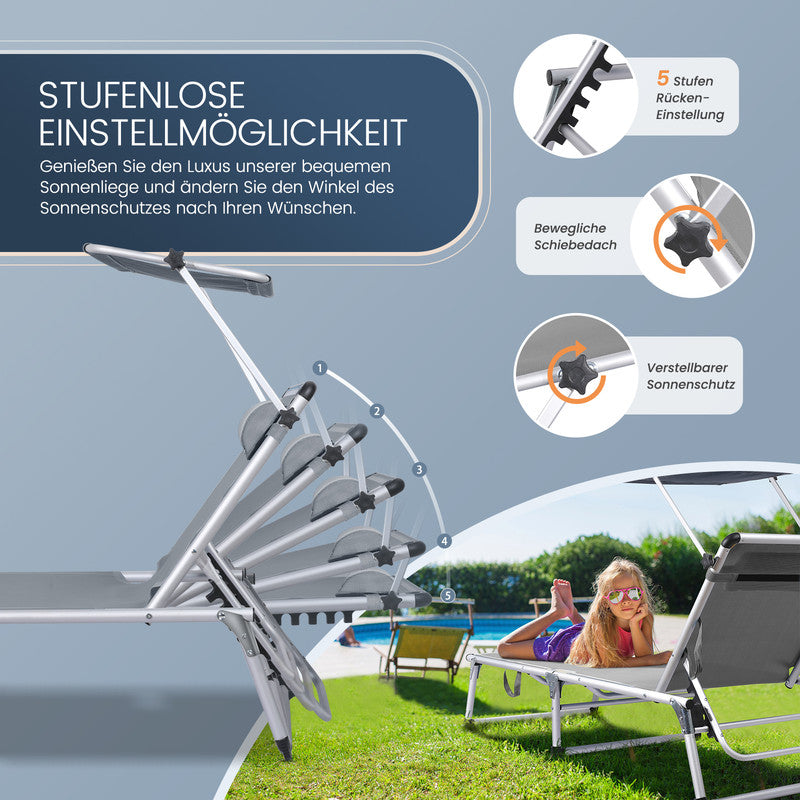 HOMECALL Sonnenliege klappbar Grau – leichte Aluminium Gartenliege mit Sonnenschutz & 5-fach verstellbar grau | B-Ware Sonderposten