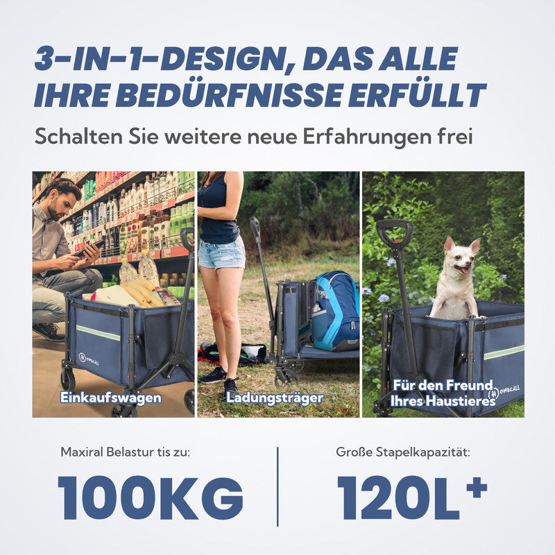 HOMECALL Bollerwagen klappbar 100 kg – faltbarer Handwagen mit erweiterbaren Seitenwänden & Reflektorstreifen | B-Ware Sonderposten