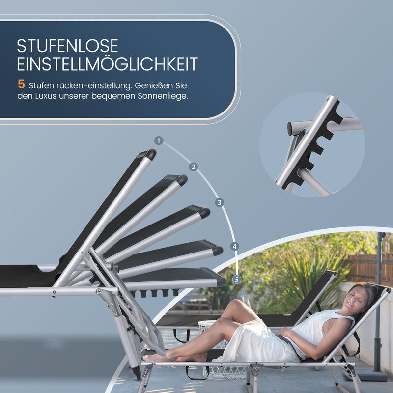 HOMECALL Sonnenliege klappbar Schwarz – leichte Aluminium Gartenliege mit 5-fach verstellbarer Rückenlehne schwarz | B-Ware Sonderposten