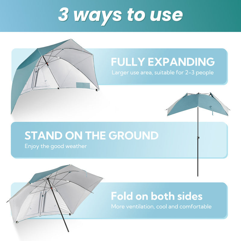 HOMECALL Strandmuschel mit Schirmsystem Blau – 3in1 Sonnenschirm & Windschutz klappbar | B-Ware Sonderposten