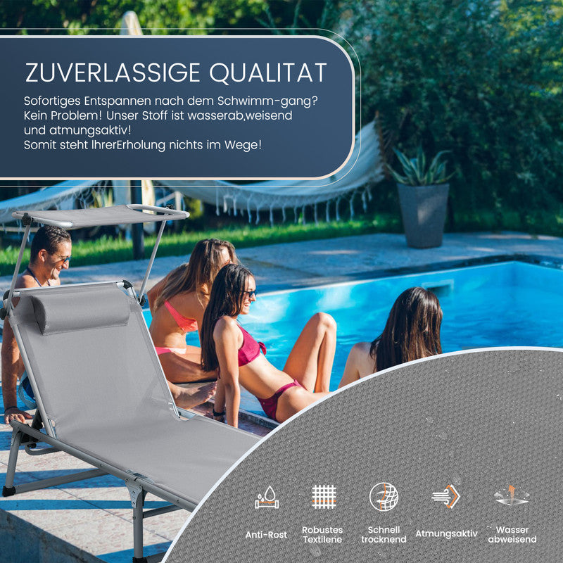 HOMECALL Sonnenliege klappbar Grau – leichte Aluminium Gartenliege mit Sonnenschutz & 5-fach verstellbar grau | B-Ware Sonderposten