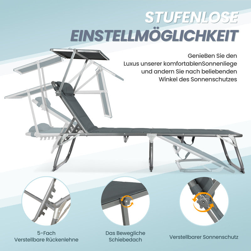 Sonnenliege klappbar – Gartenliege aus Aluminium mit 5-fach verstellbarer Rückenlehne, Sonnenschutz und Kopfstütze, bis 180 kg belastbar - dunkelgrau