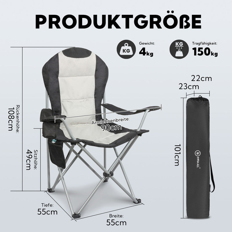 Campingstuhl Hochlehner klappbar – Gepolsterter Gartenstuhl mit Armlehnen & Getränkehalter bis 150 kg belastbar - creme/schwarz