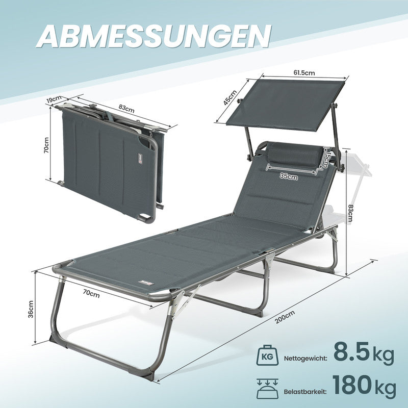 Sonnenliege klappbar – Gartenliege aus Aluminium mit 5-fach verstellbarer Rückenlehne, Sonnenschutz und Kopfstütze, bis 180 kg belastbar - dunkelgrau