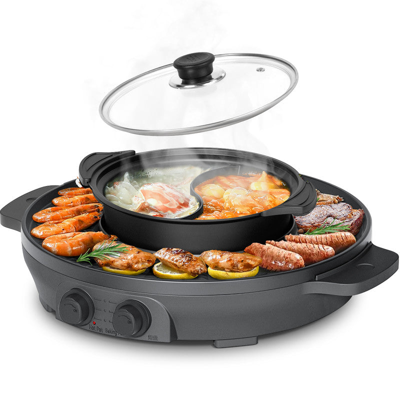 2-in-1 Elektrischer Hot Pot & Teppanyaki Grill 2000W – Elektro Grillplatte mit Kochtopf, Antihaftbeschichtung, Temperaturregelung, für 2–6 Personen