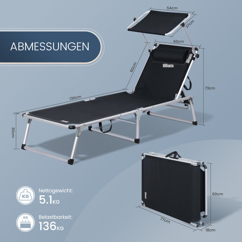 Sonnenliege klappbar – Leichte Gartenliege aus Aluminium mit 5-fach verstellbarer Rückenlehne Sonnendach und Nackenkissen schwarz