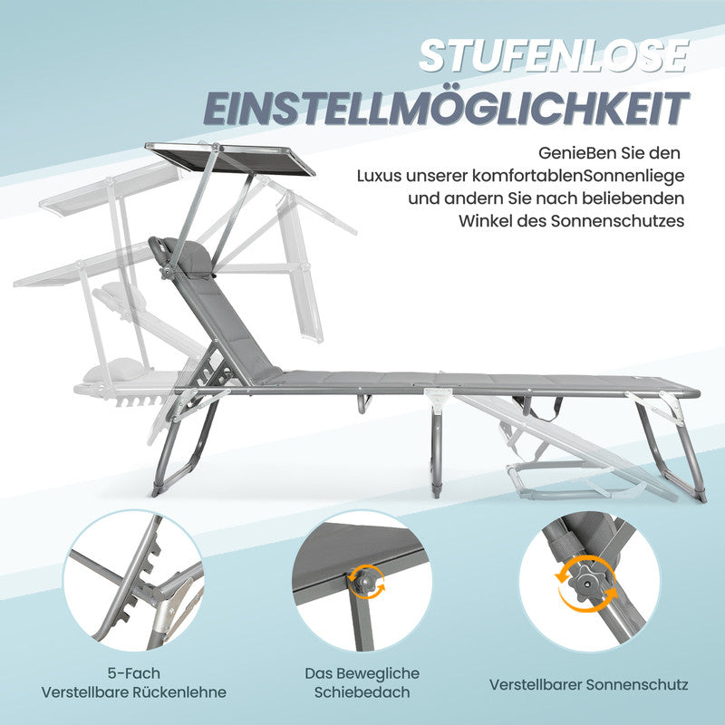 Sonnenliege klappbar – Gartenliege aus Aluminium mit 5-fach verstellbarer Rückenlehne, Sonnenschutz und Kopfstütze, bis 180 kg belastbar - grau