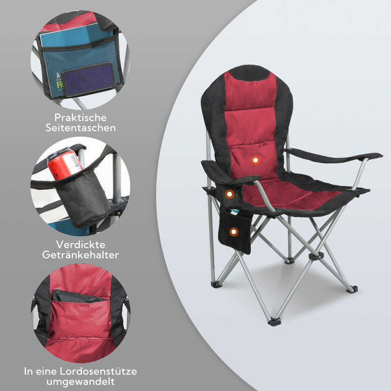 Campingstuhl klappbar Hochlehner – Stabiler Outdoor Klappstuhl für Camping, Garten und Balkon rot/schwarz