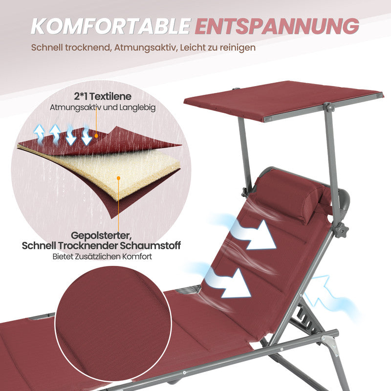 Sonnenliege klappbar – Gartenliege aus Aluminium mit 5-fach verstellbarer Rückenlehne, Sonnenschutz und Kopfstütze, bis 180 kg belastbar - rot
