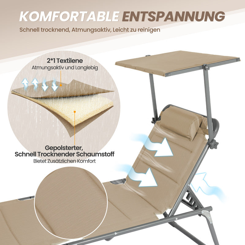 Sonnenliege klappbar – Gartenliege aus Aluminium mit 5-fach verstellbarer Rückenlehne, Sonnenschutz und Kopfstütze, bis 180 kg belastbar - beige