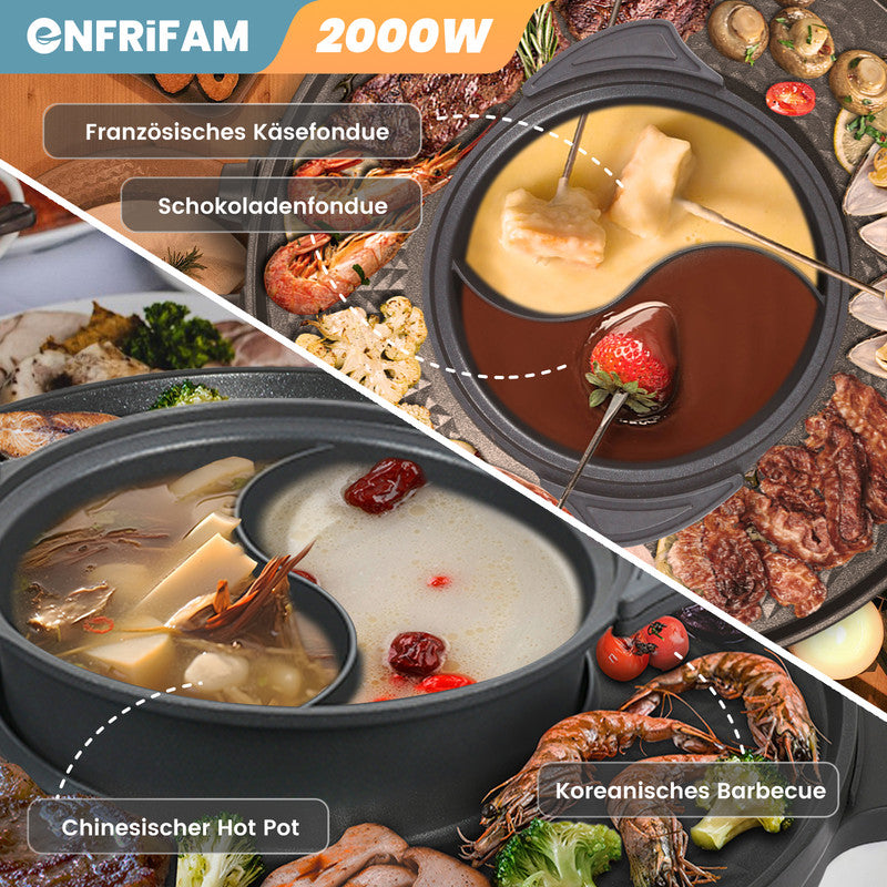 2-in-1 Elektrischer Hot Pot & Teppanyaki Grill 2000W – Elektro Grillplatte mit Kochtopf, Antihaftbeschichtung, Temperaturregelung, für 2–6 Personen