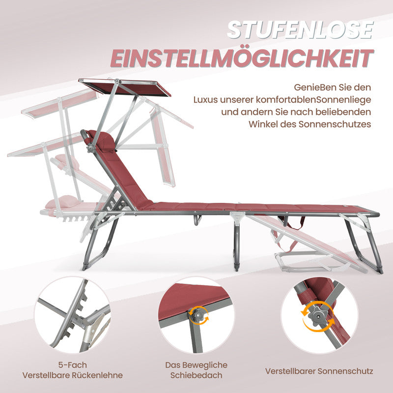 Sonnenliege klappbar – Gartenliege aus Aluminium mit 5-fach verstellbarer Rückenlehne, Sonnenschutz und Kopfstütze, bis 180 kg belastbar - rot