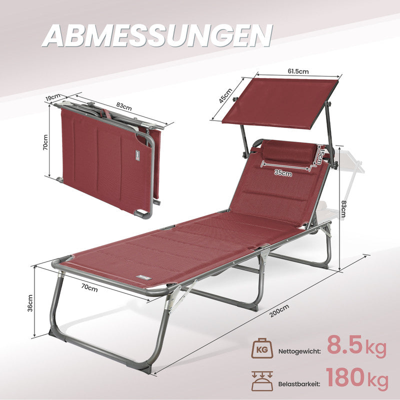 Sonnenliege klappbar – Gartenliege aus Aluminium mit 5-fach verstellbarer Rückenlehne, Sonnenschutz und Kopfstütze, bis 180 kg belastbar - rot