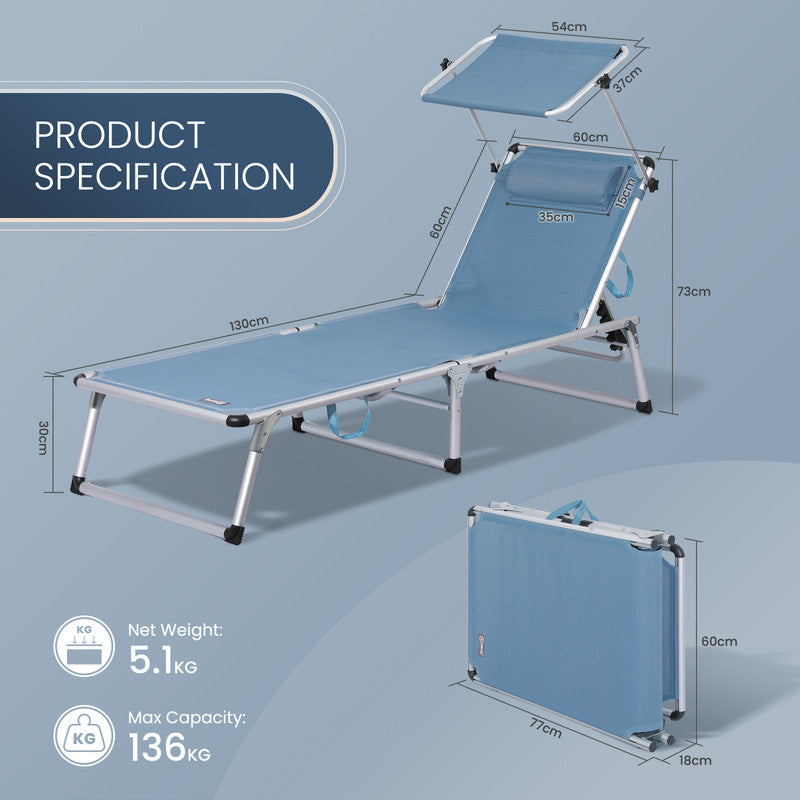 Sonnenliege klappbar – Leichte Gartenliege aus Aluminium mit 5-fach verstellbarer Rückenlehne, Strand- und Campingliege - blau