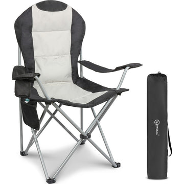 Campingstuhl Hochlehner klappbar – Gepolsterter Gartenstuhl mit Armlehnen & Getränkehalter bis 150 kg belastbar - creme/schwarz