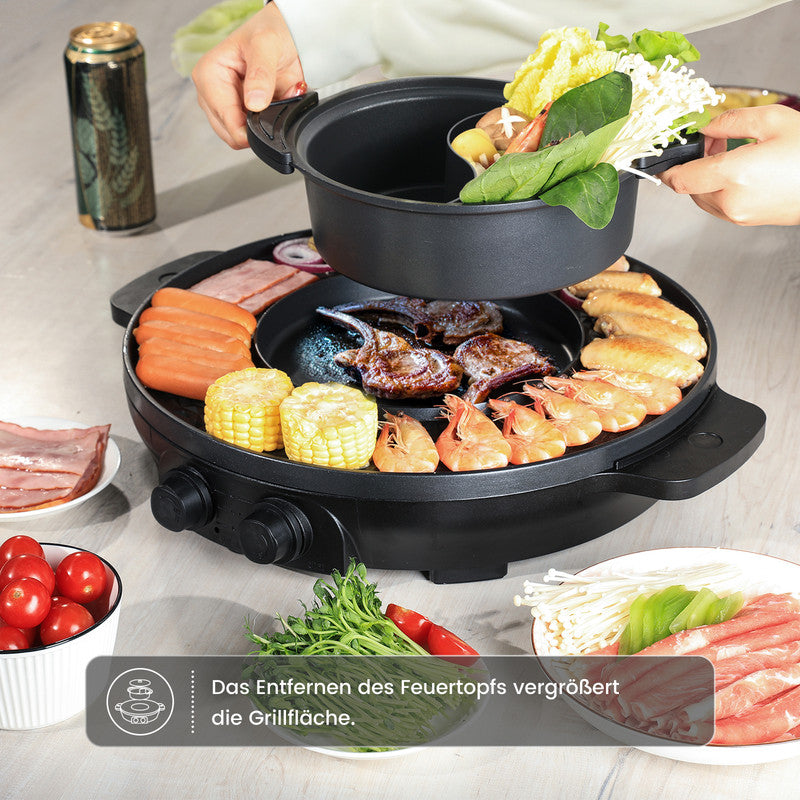 2-in-1 Elektrischer Hot Pot & Teppanyaki Grill 2000W – Elektro Grillplatte mit Kochtopf, Antihaftbeschichtung, Temperaturregelung, für 2–6 Personen