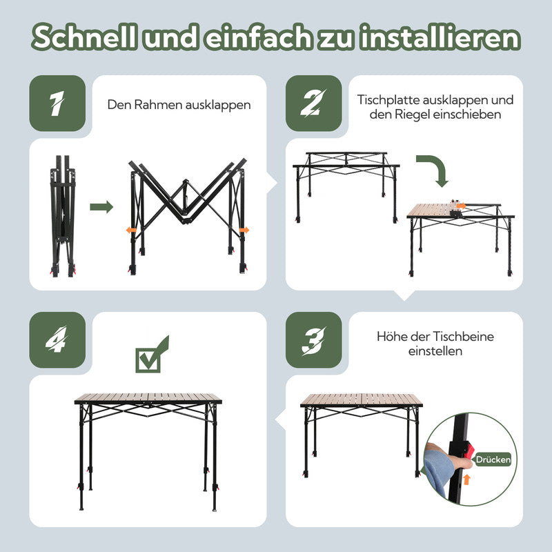 Höhenverstellbarer Campingtisch klappbar – Aluminium Gartentisch  120 × 70 cm mit Tragetasche