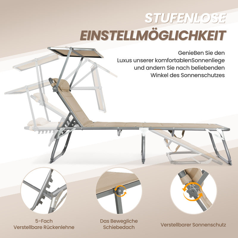HOMECALL Sonnenliege XXL klappbar – 5-fach verstellbar mit Sonnenschutz beige, gepolstert bis 180 kg belastbar | B-Ware Sonderposten