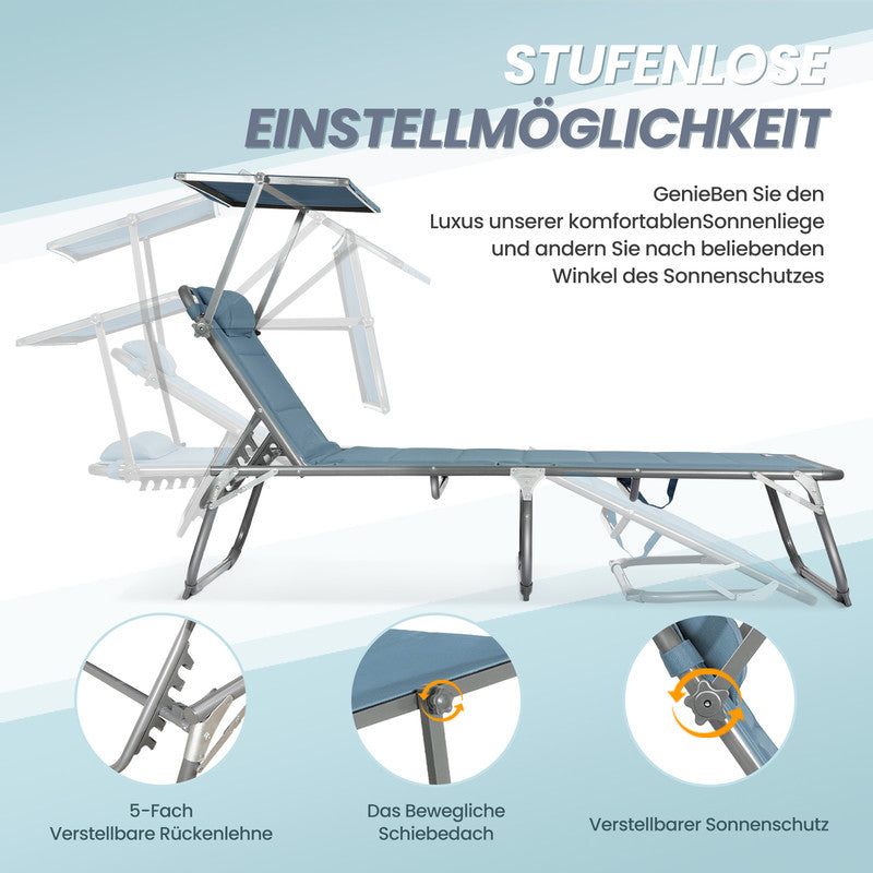 HOMECALL Sonnenliege XXL klappbar Anthrazit – 5-fach verstellbar mit Sonnenschutz, gepolstert bis 180 kg belastbar | B-Ware Sonderposten